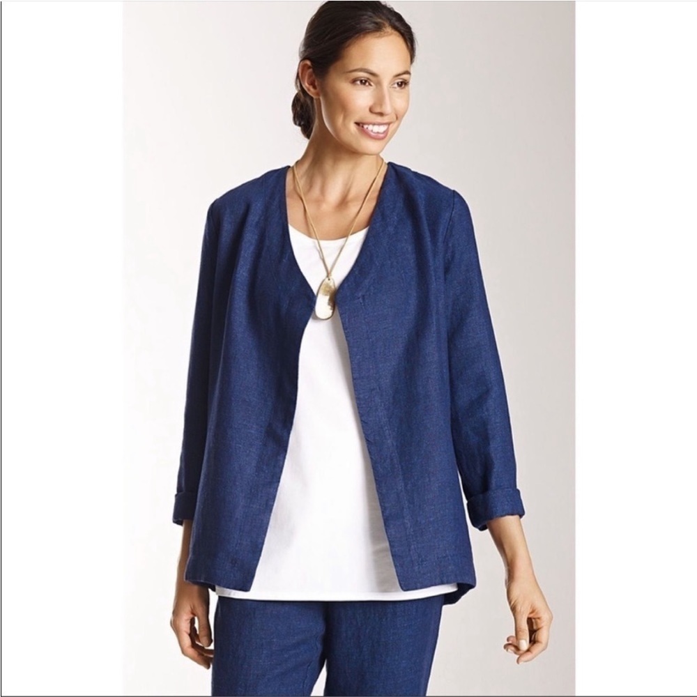 J. Jill Pure Jill 100% blue linen open front lightweight blazer cardigan size L